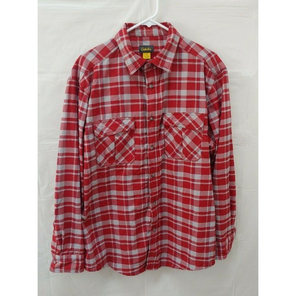 Cabelas Mens Shirt Large Red Plaid Button Front Long Sleeve Pockets Nylon Collar - Picture 1 of 5